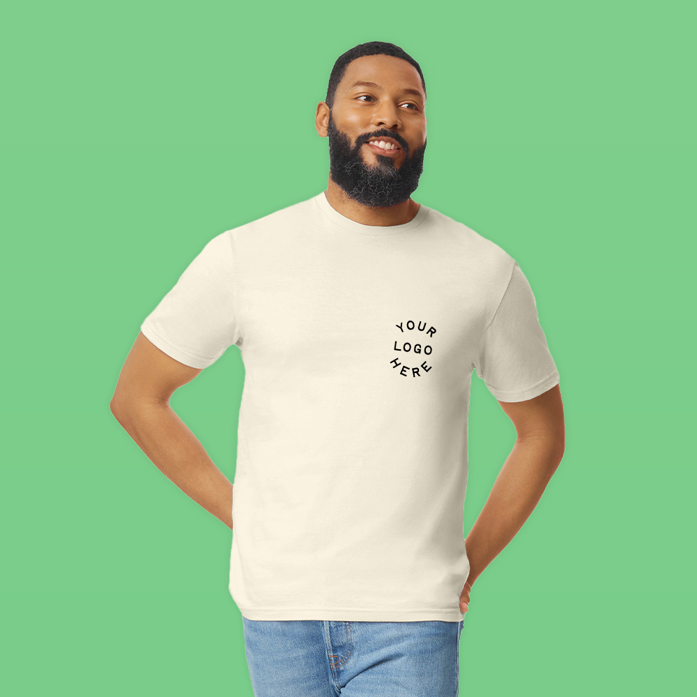 Man wearing a cream custom printed t-shirt with 