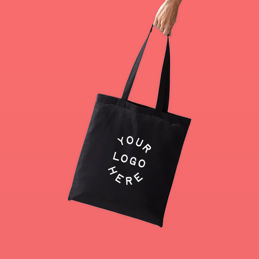Custom printed black tote back with the words 