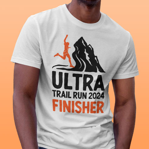 Man wearing a custom printed white t-shirt with an ultra marathon event logo printed on the front